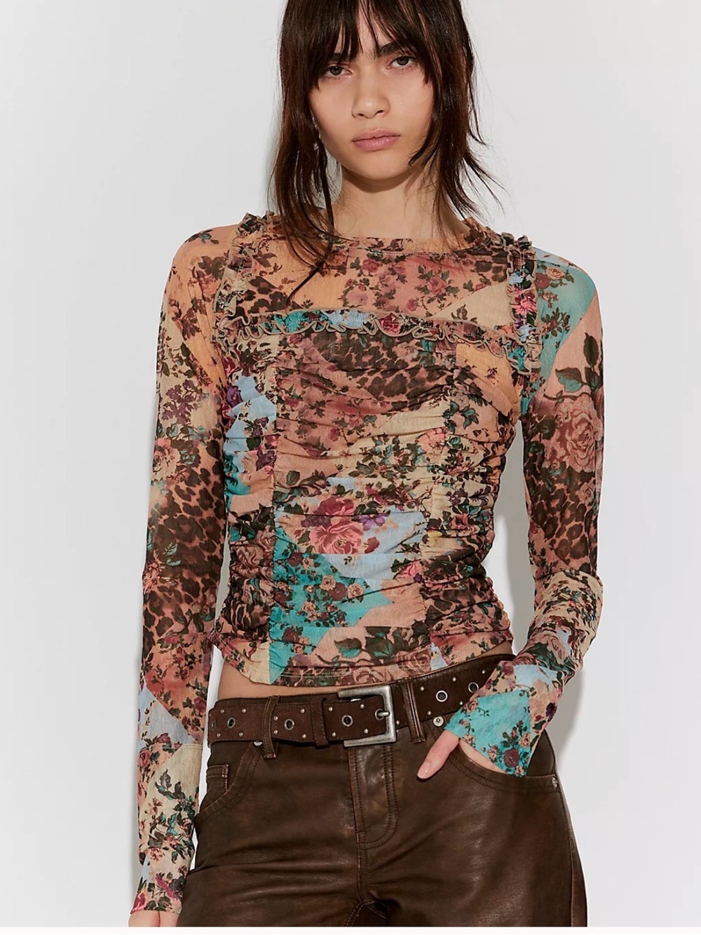 Free People Ariana Long Sleeve Ruched Top. NWT. Taupe